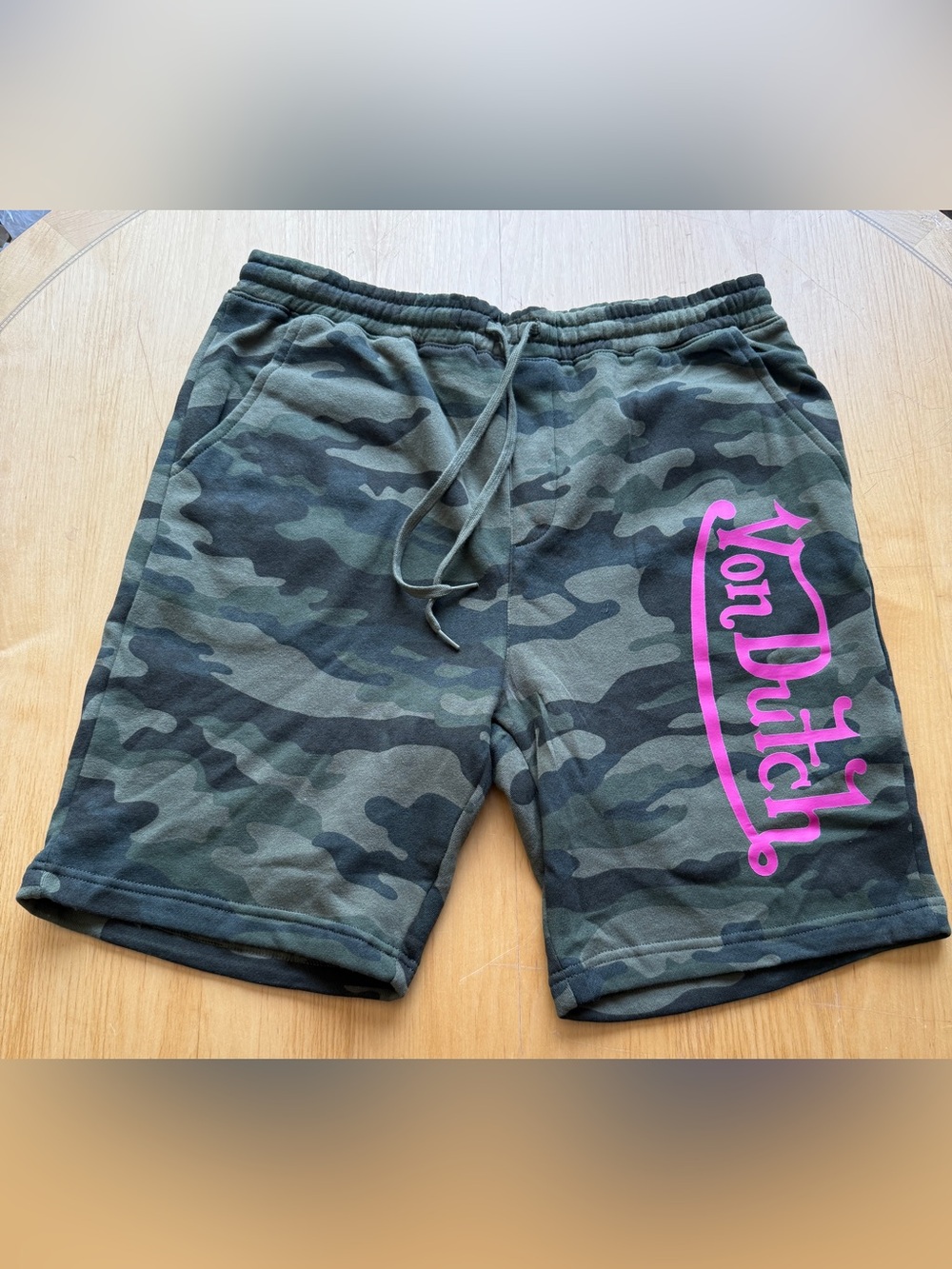 Von Dutch Camo Fleece Sweat Shorts XL Pink Logo Y2K Streetwear Drawstring